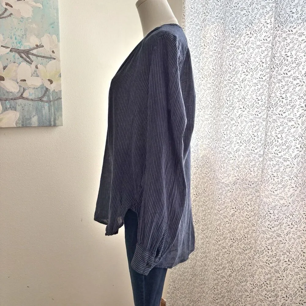 Old Navy Tunic Blouse Womens L Navy White Stripe 100% Cotton Button Front